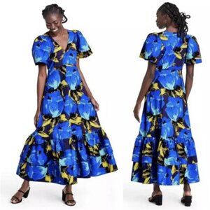 Christopher John Rodgers Blue Paradise Tiered Puff Maxi Dress Size 14